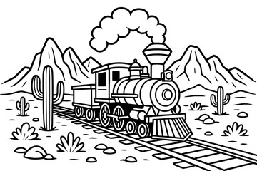 Wild West Train. Desert & Wild West coloring page: steam train crossing desert, smoke rising, mountains behind, black and white