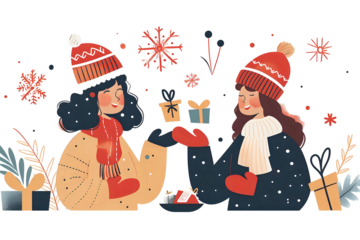 AI Image: Festive winter scene with two cheerful girls exchanging holiday gifts amidst falling