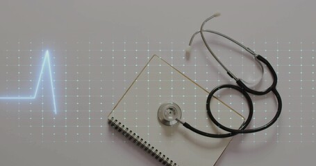 Featuring stethoscope resting on spiral notebook at desk, with cyan heartbeat and dot grid overlays