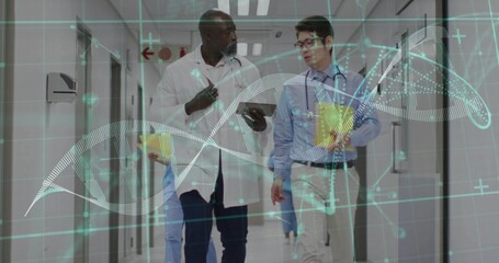 Walking medical team analyzing patient data in hospital corridor, with tablet and DNA hologram