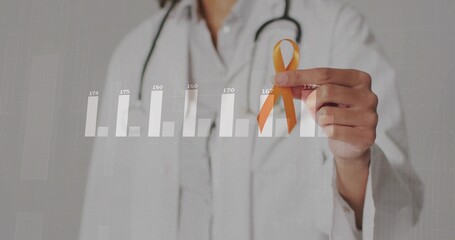 Displaying Hispanic doctor holding orange ribbon in clinic, with stethoscope and bar chart overlay
