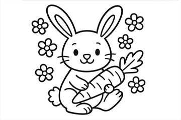 Cartoon Rabbit with Carrot. Animals & Pets coloring page: rabbit with long ears, carrot in paws, flowers around, black and white