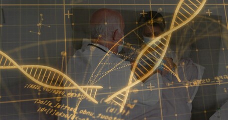 Administering vaccine doctor with syringe, female doctor rolling sleeve in lab, with DNA helix