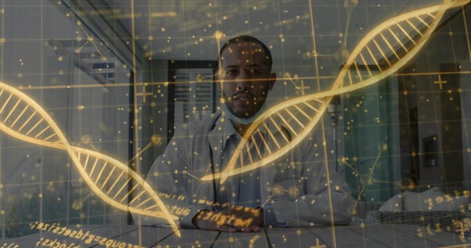 Analyzing scientist wearing white lab coat interacting with holographic DNA data grid in lab office