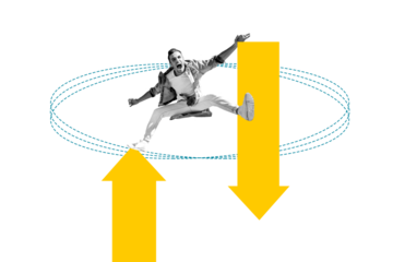 Trend artwork creative sketch 3D photo collage of miniature young lady stand amazed face emoji hand hold platform rectangle solve problem