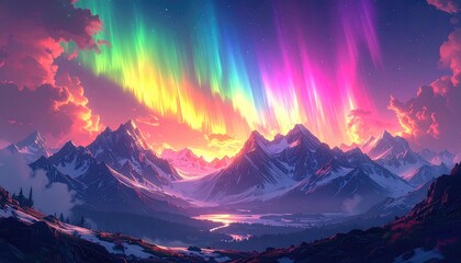 A vibrant aurora borealis illuminates snow-capped mountain peaks, casting a magical glow over a serene valley.