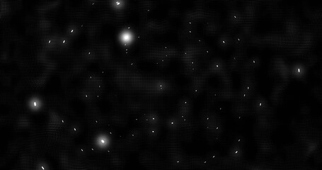 Forming dot mesh pattern glowing in digital void, showing tiny particles, streaks and glowing orbs