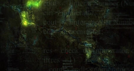 Displaying topographic visualization on dark screen, with glowing green hotspots and code fragments
