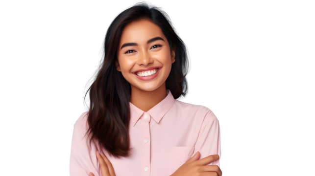 AI Image A warm smiling woman with perfect teeth against a solid black background exudes