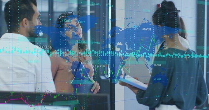 Analyzing business team discussing holographic data on glass wall in office, with tablet clipboard - Powered by Adobe