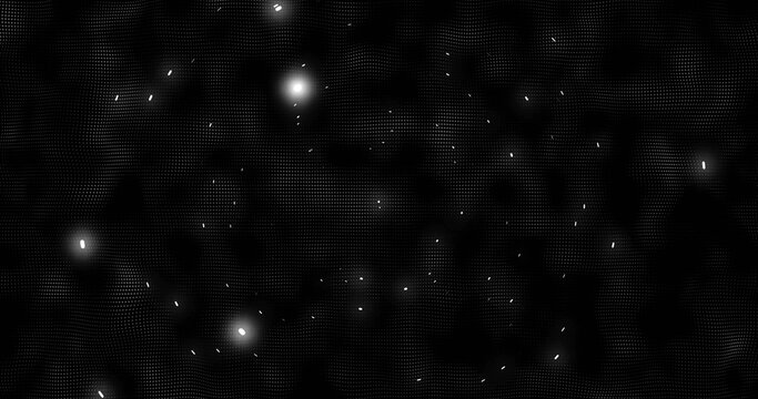 Forming dot mesh pattern glowing in digital void, showing tiny particles, streaks and glowing orbs - Powered by Adobe