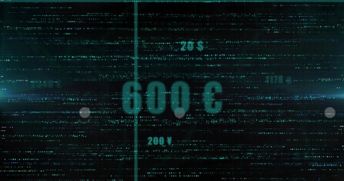 Streaming dashboard onscreen, showing central 600 £ readout and neon divider with currency labels - Powered by Adobe