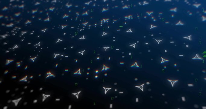 Spanning glowing triangular node swarm across digital field, with green binary digits and dashes