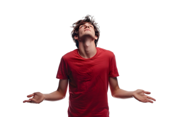 AI Image A Young Man in a Red T-Shirt Looks Upward with Open Arms Against a Dark Backdrop