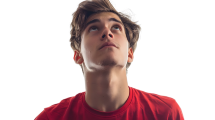 AI Image: Contemplative young man looking upward with curious expression against a black background