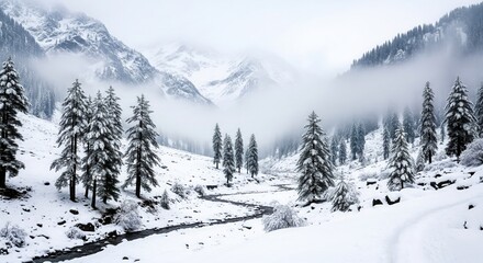 Fototapeta premium Pahalgam Winter Forest. Snowy Slopes and Misty Streams in Kashmir.