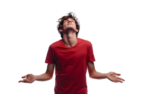 AI Image A Young Man in a Red T-Shirt Looks Upward with Open Arms Against a Dark Backdrop
