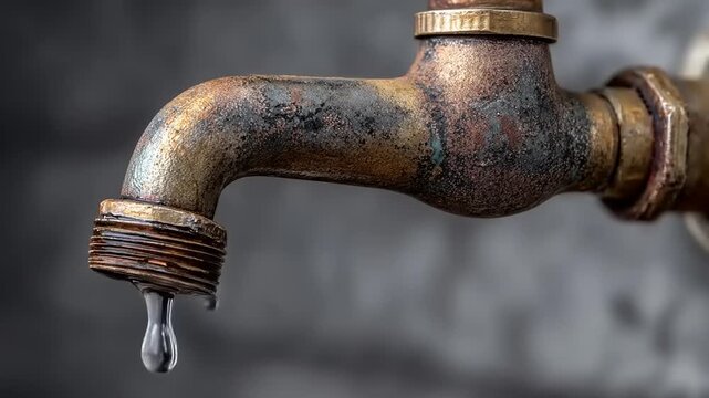 Close up of an old bronze water faucet dripping water against a blurred background