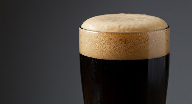Verre biere noire mousse onctueuse eclairage doux. AI Generated