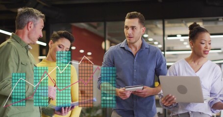 Reviewing business metrics team in formal wear at office, with tablets, laptop and chart overlay