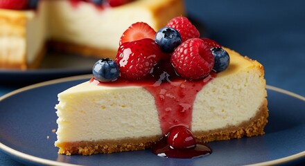 G�teau au fromage cr�meux napp� fruits rouges lumi�re douce. AI Generated