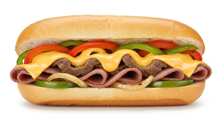 Sandwich savoureux fromage fondu oignons poivrons lumi�re vive. AI Generated