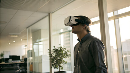 Man wearing virtual reality headset in modern office exploring digital space ideal for technology innovation metaverse or remote work concept visuals