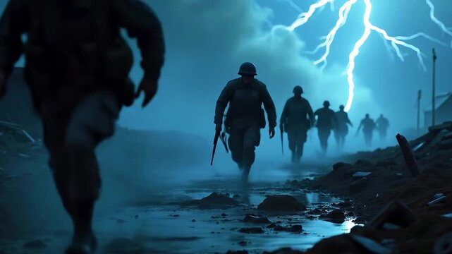 Silhouetted soldiers run through a war-torn environment lit by a flash of lightning