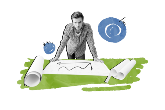 Composite trend artwork sketch image photo collage of monochrome student young guy work job business stand hand hold document graphics - Powered by Adobe