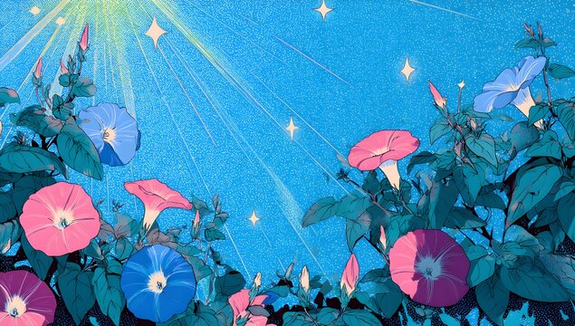 Enchanting morning glories bloom under a sparkling starry sky with ethereal light beams