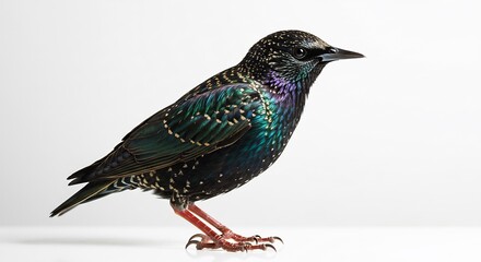 Oiseau noir brillant pose elegant lumiere douce fond blanc. AI Generated