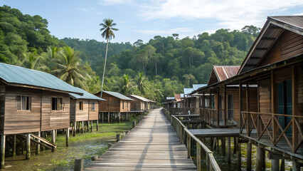 Tropical wooden village on stilts above calm water surrounded by lush rainforest under bright daylight perfect for travel blogs, tourism and exotic nature design projects
