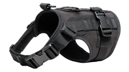 Black and white patterned dog harness isolated on transparent background