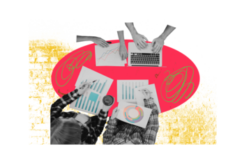 Composite photo collage of business people hold paper sheet documentation chart diagram type laptop project isolated on painted background