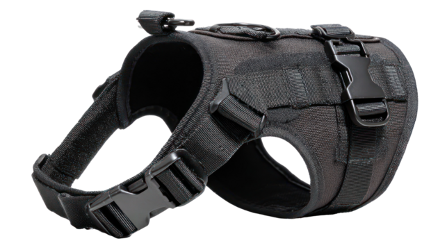 Black and white patterned dog harness isolated on transparent background