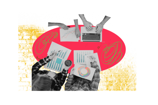 Composite photo collage of business people hold paper sheet documentation chart diagram type laptop project isolated on painted background