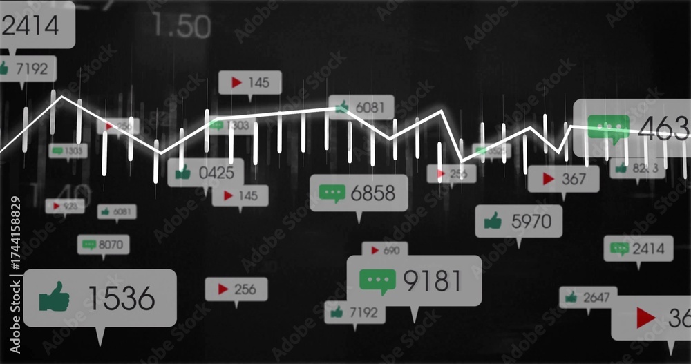 Wall mural displaying abstract visualization in dark dashboard, with white line graph and social metrics icons