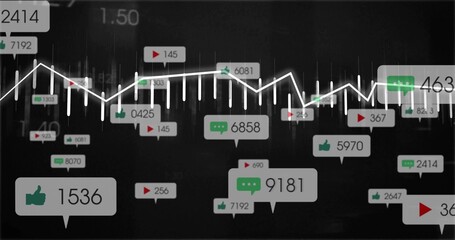 Displaying abstract visualization in dark dashboard, with white line graph and social metrics icons