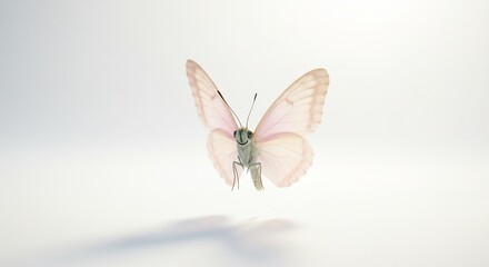 Papillon rose d�licat vole gracieusement lumi�re douce fond blanc. AI Generated