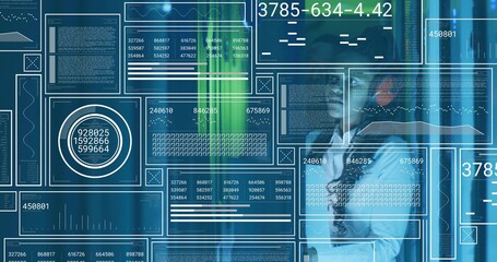 Analyzing woman wearing blouse holding smartphone and reviewing data panels at office with metrics