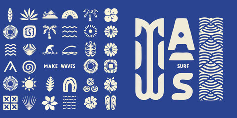 Collection of hawaiian and surf inspired icons and text on a blue background © Sourav