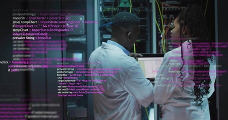 Adjusting network switches lab coat technicians checking servers in data center aisle, with cables