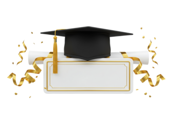 Graduation cap with diploma and golden ribbons isolated on transparent background, academic achievement celebration PNG