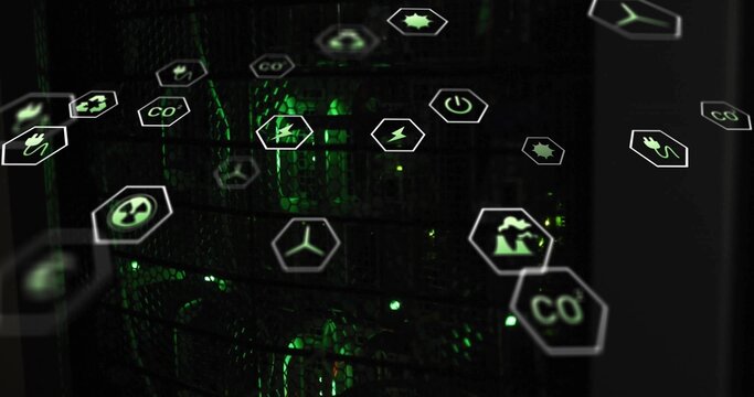 Floating hex icons showing eco symbols overlaying data center mesh rack, with green LEDs glowing - Powered by Adobe