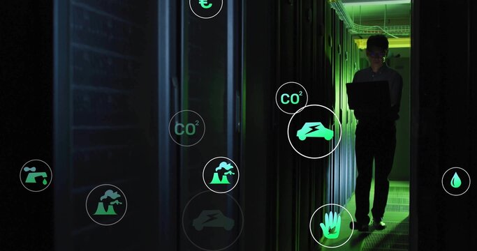 Technician checking server energy in data center corridor, with glowing icons on laptop, copy space - Powered by Adobe