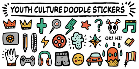 Youth culture doodle stickers collection with playful hand drawn icons and symbols