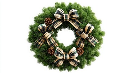 pine wreath with tartan ribbon accents