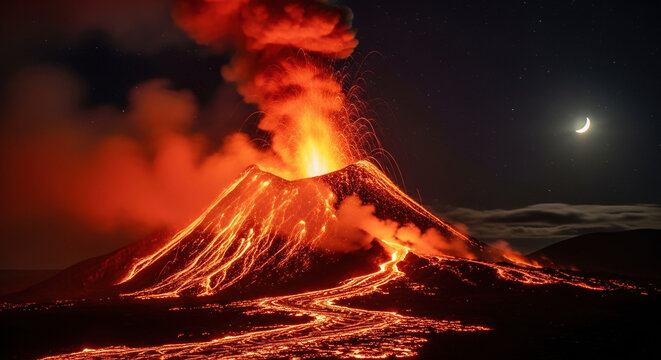 Spectacular volcano eruption with flowing lava under crescent moon at night, volcano eruption with fiery light illuminating dark landscape. Image depicts ongoing volcano eruption with molten rocks,