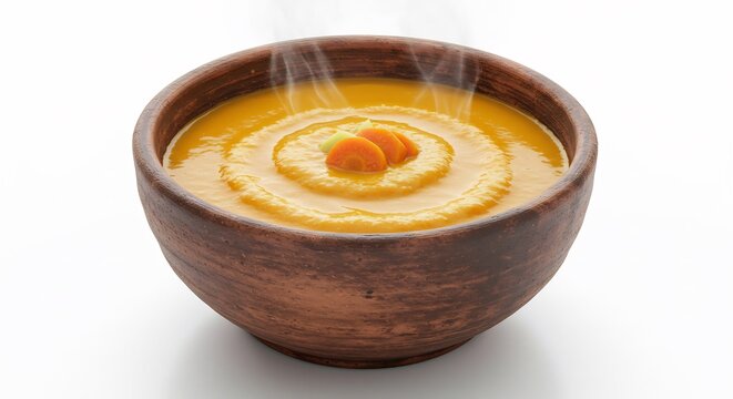 Soupe chaude fumante bol terre cuite esth�tique rustique. AI Generated