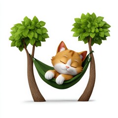 Cute Cat Relaxing in Hammock Between Two Cartoon Trees